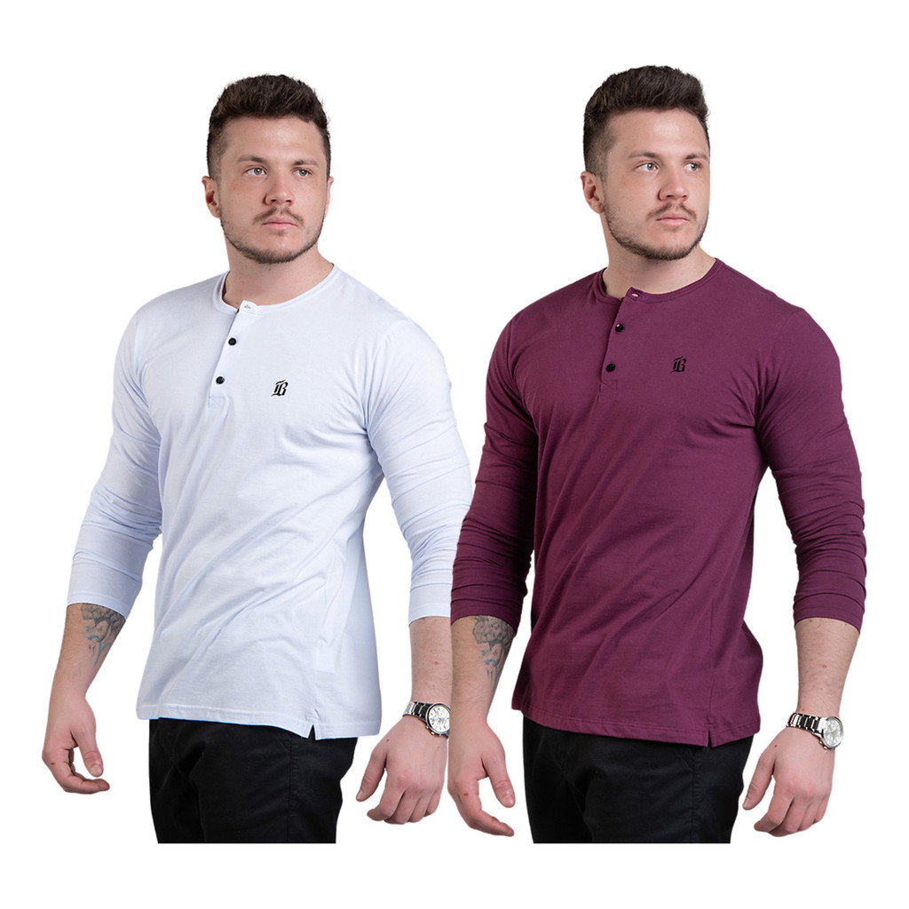 Kit 2 Camisetas Henley Manga Longa Top Algodão Confortável