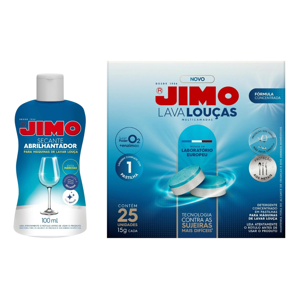 kit Jimo Pastilhas Lava-Louças 25 Un + Secante 100ml – Louças Limpas e Secagem Perfeita