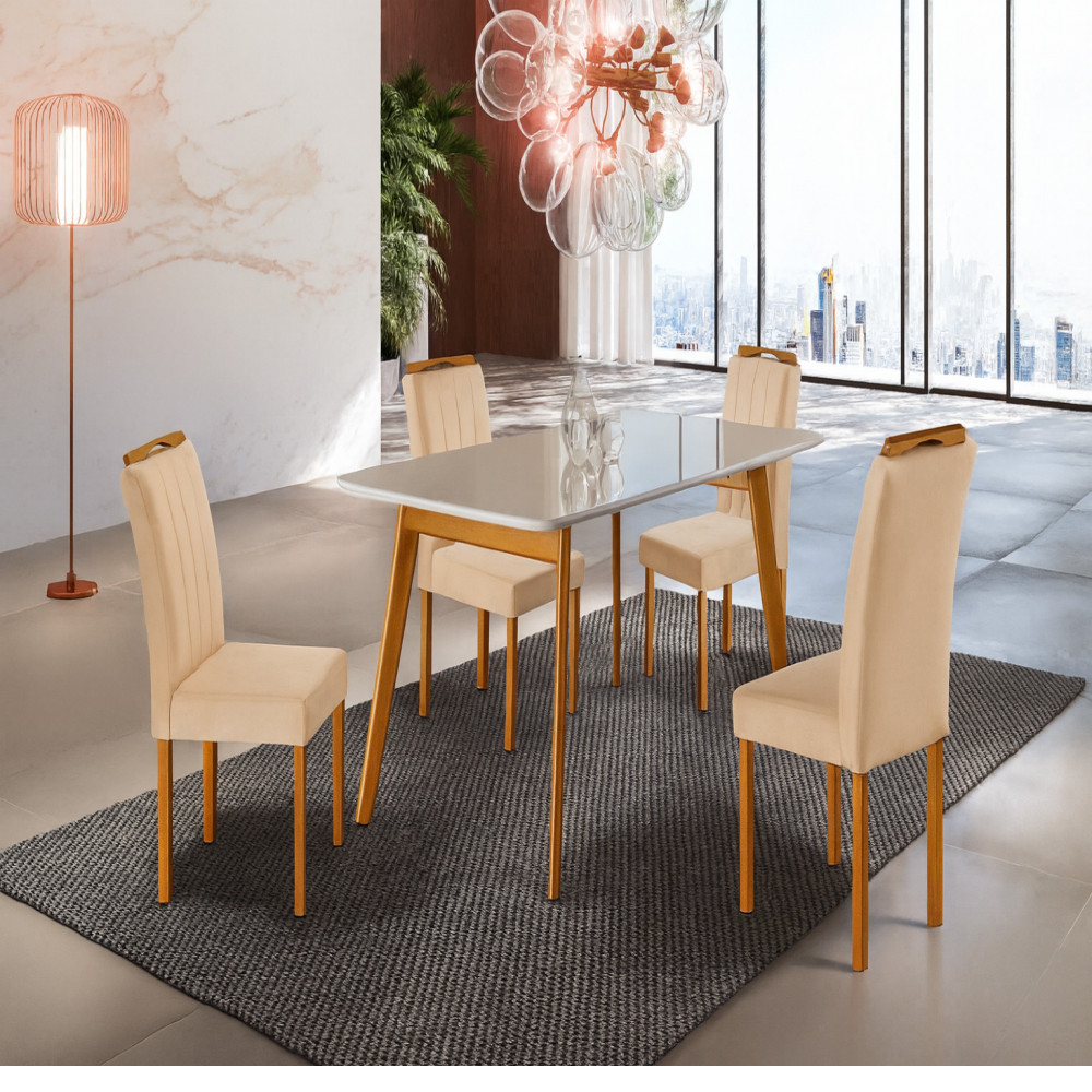 Conjunto Sala de Jantar Slim 4 Lugares Lorena Mesa e Cadeiras Madeira Maciça Veludo Móveis Mundial