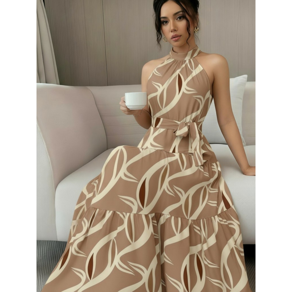 Vestido Longo Feminino Com Estampa Colorida Em Contraste E Sem Mangas P M G em Oferta na Shopee