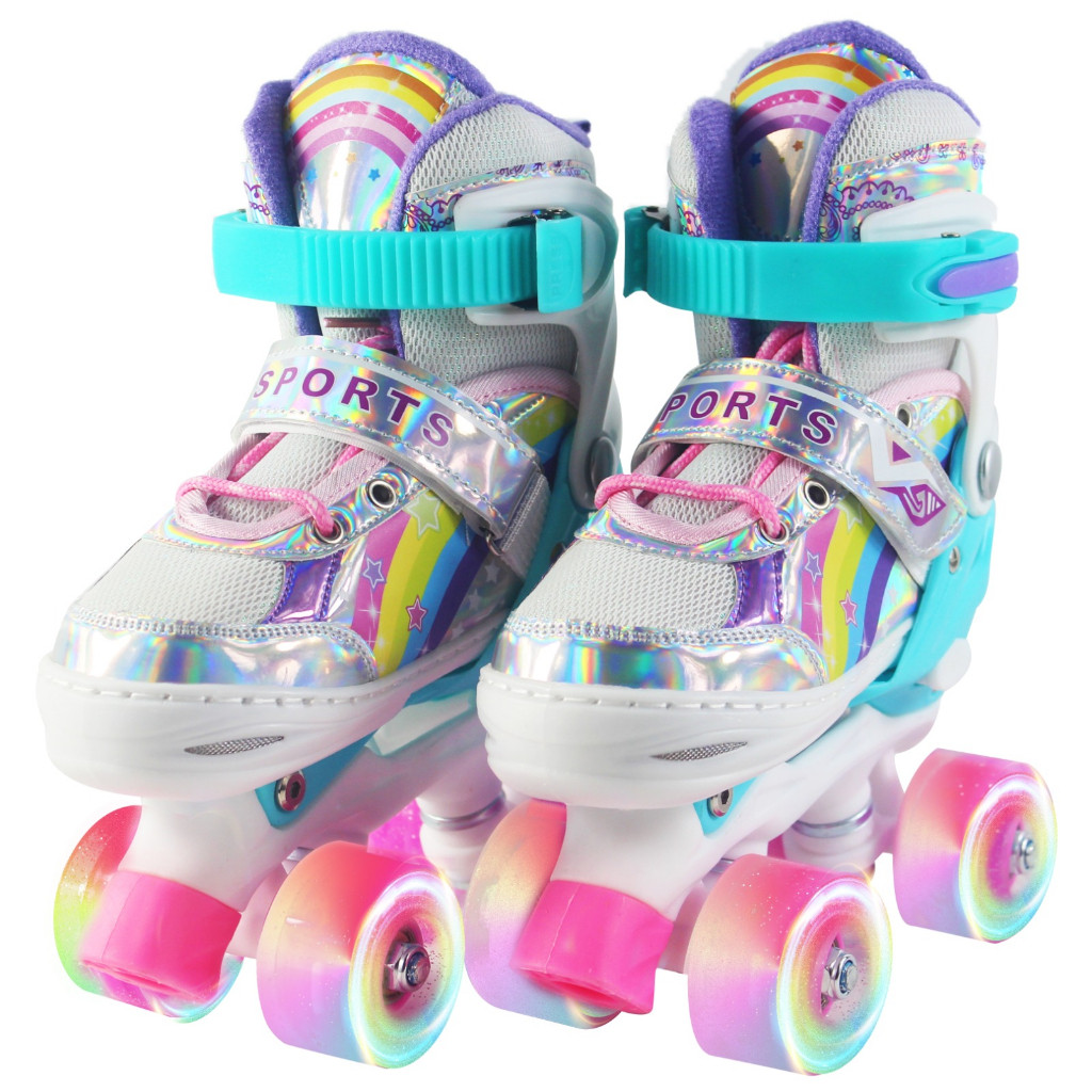 Patins Infantil Arco Íris Quad Com Ajuste De Tamanho Rodas Com Led Mais Kit Proteção Segurança — imagem 2 de 2