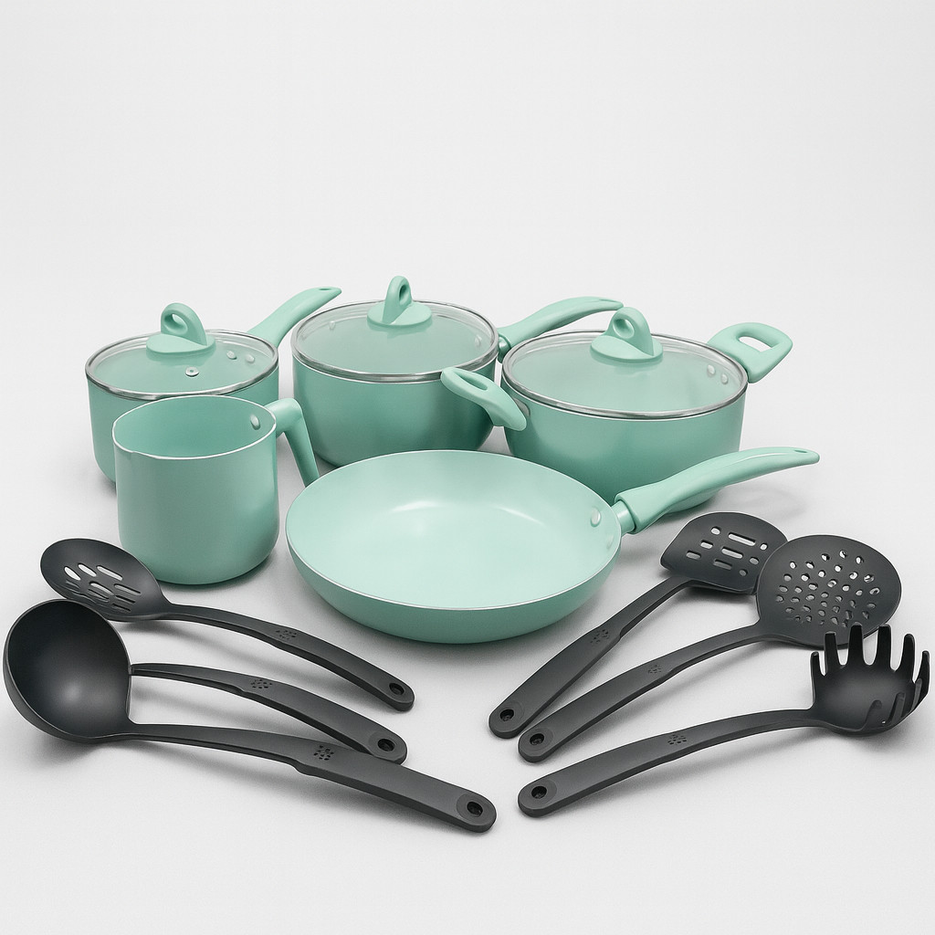 Jogo De Panelas Antiaderente 14 Peças De Cerâmica Mármore Verde Acabamento Teflon Indução ou Gás em Oferta na Shopee