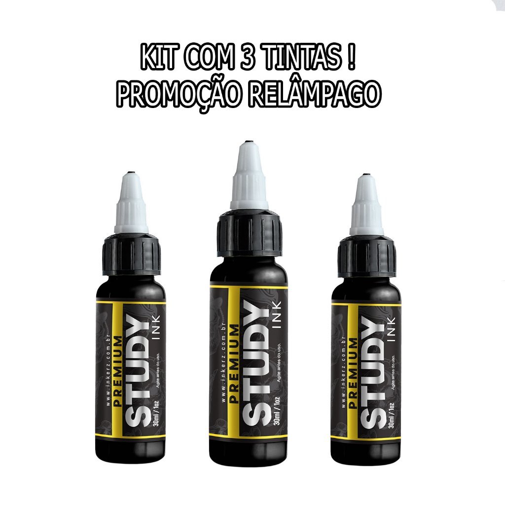 Tinta Study Ink Kit com 3 tintas 30 Ml Preto Sumi claro escuro médio Tattoo Aprendiz