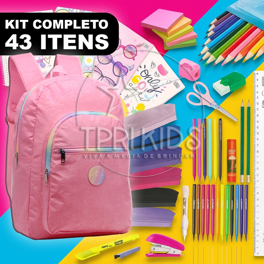 Kit Material Escolar Completo Mochila Menina Pink Rosa Ensino Fundamental Estojo Caderno Faculdade
