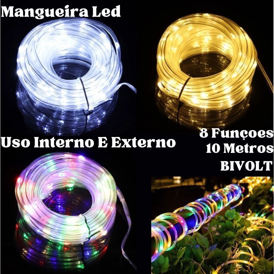 Mangueira Led Redonda 10M Bivolt 220 E 110V 8 funções Pisca Pisca Luminosa Decoração
