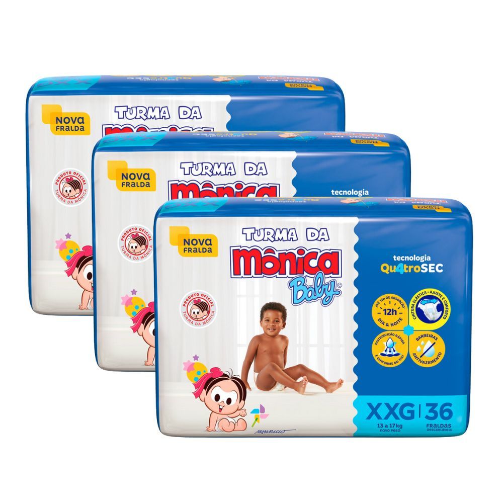 Kit 3 Fralda Turma da Mônica Baby Mega Tamanho XXG 36 Unidades Descartáveis em Oferta na Shopee