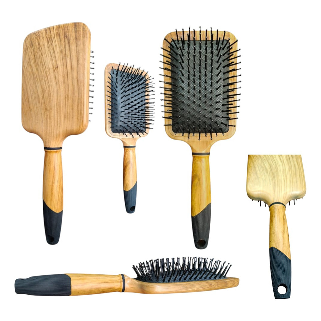 Escova DePentea CabeloMarrom Madeira Cerdas De Silicone Modelo Raquete Cabo de Borracha Profissional em Oferta na Shopee