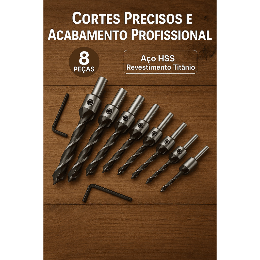 Jogo Kit Broca Escariadora 8 Peças Madeira Piloto