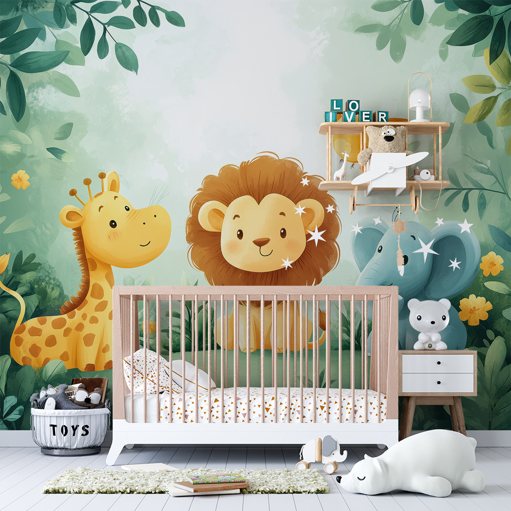 Papel de Parede Safari Elefante, Leão, Girafa e Passarinho