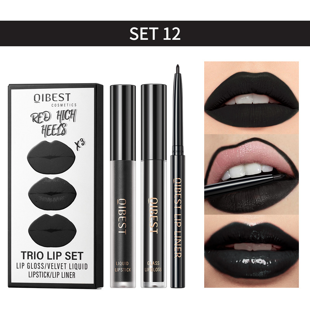 Conjunto De Batom Líquido Fosco + Delineador Labial , 3 Peças , Maquiagem Nude , Preto , Vermelho , Veludo , Brilho Long