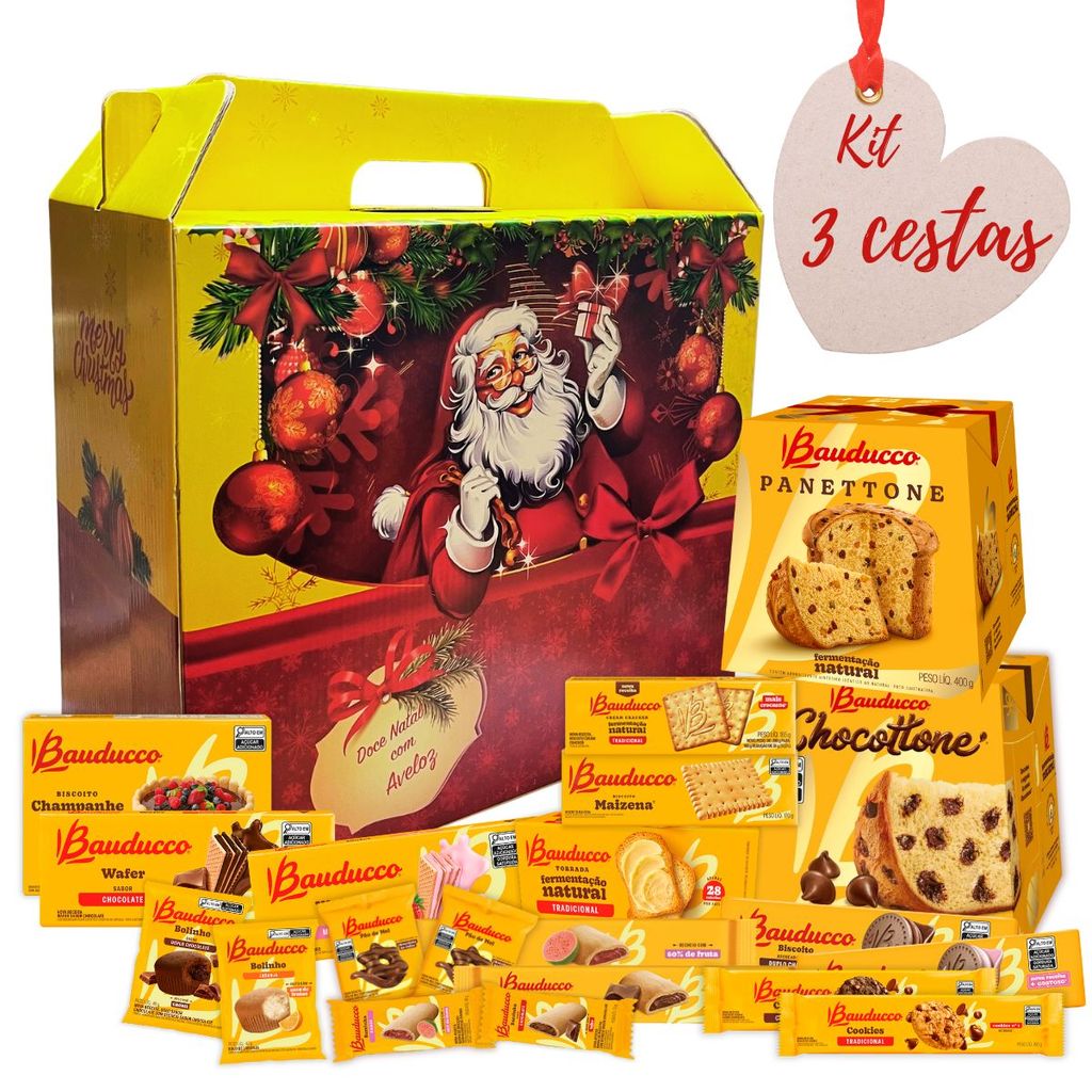 Kit 3 UNDs Cesta de Natal Aveloz C/ Bauducco G Grande 20 Itens 2,601Kg