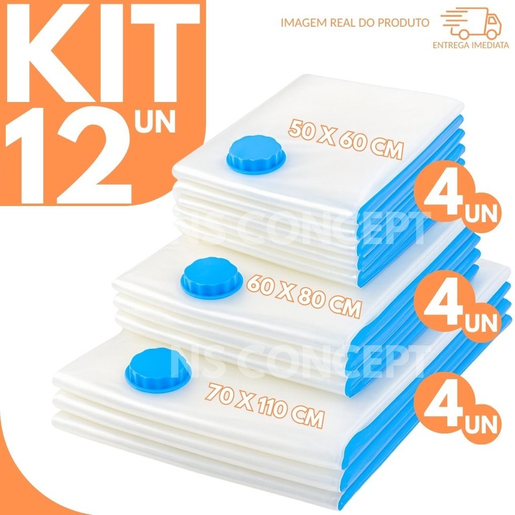 Kit 12 Sacos a Vácuo – 4un 40x60cm + 4un 60x80cm + 4un 70x100cm Reutilizáveis Organizador de Roupas Cobertores Edredons