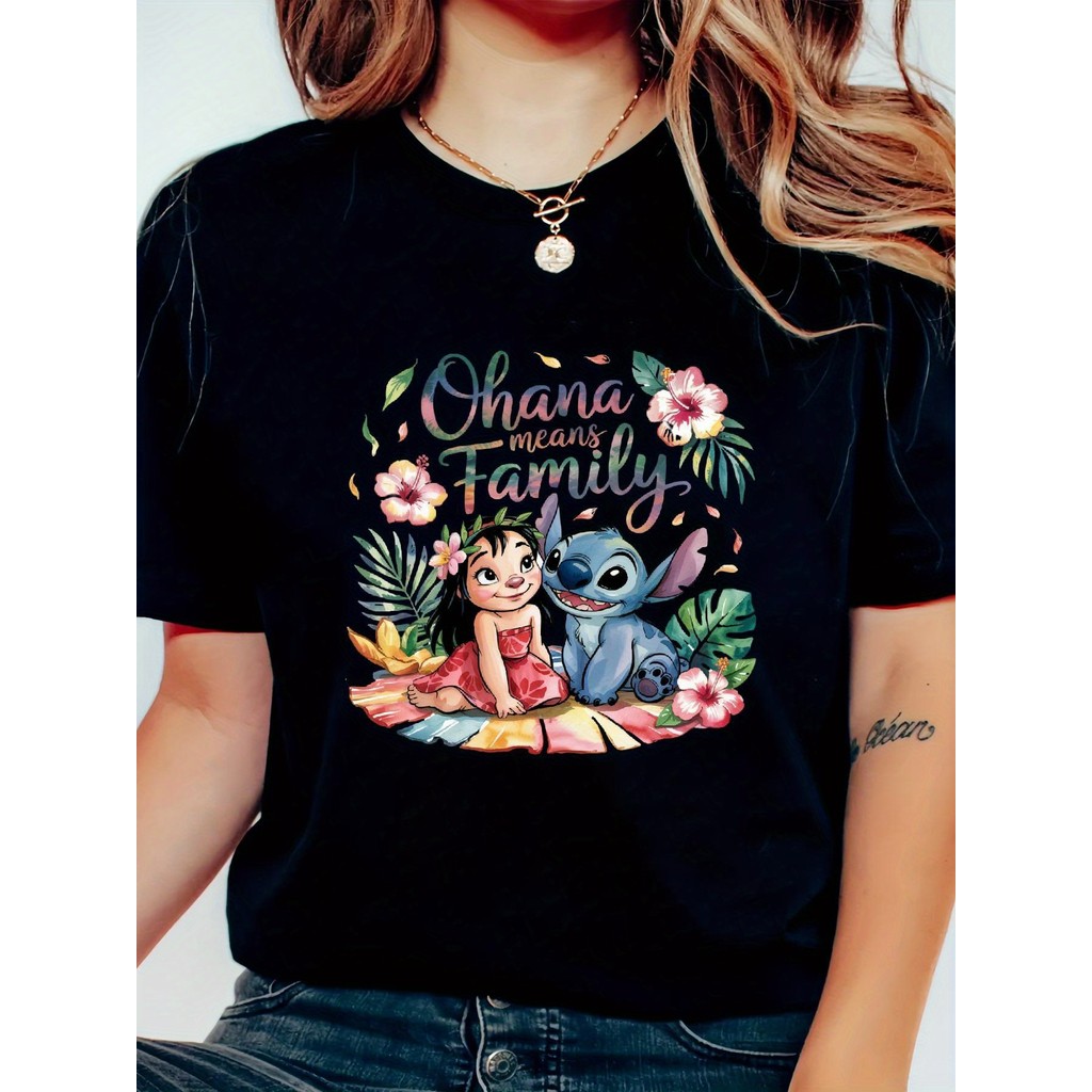 BR Moonlight Camiseta Feminina Stitch Lilo "Ohana Means Family" Disney Estampada Confortavel Fofa Estilosa Primavera