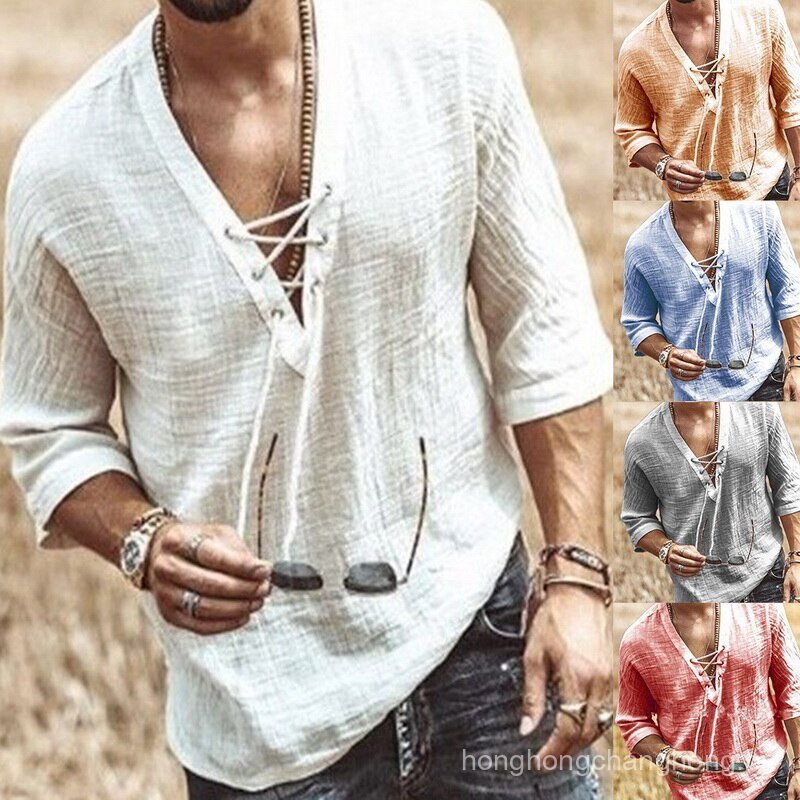 Camiseta Masculina Durável Plus Size Pullover Decote em V Laço Solto Verão Férias Praia Casual Manga Curta de Linho