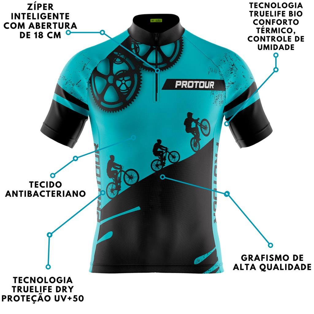 Conjunto Ciclismo Masculino Camisa De Bicicleta R.O.C. 2.0 Azul e Bermuda Premium Com Bolsos Uv50+