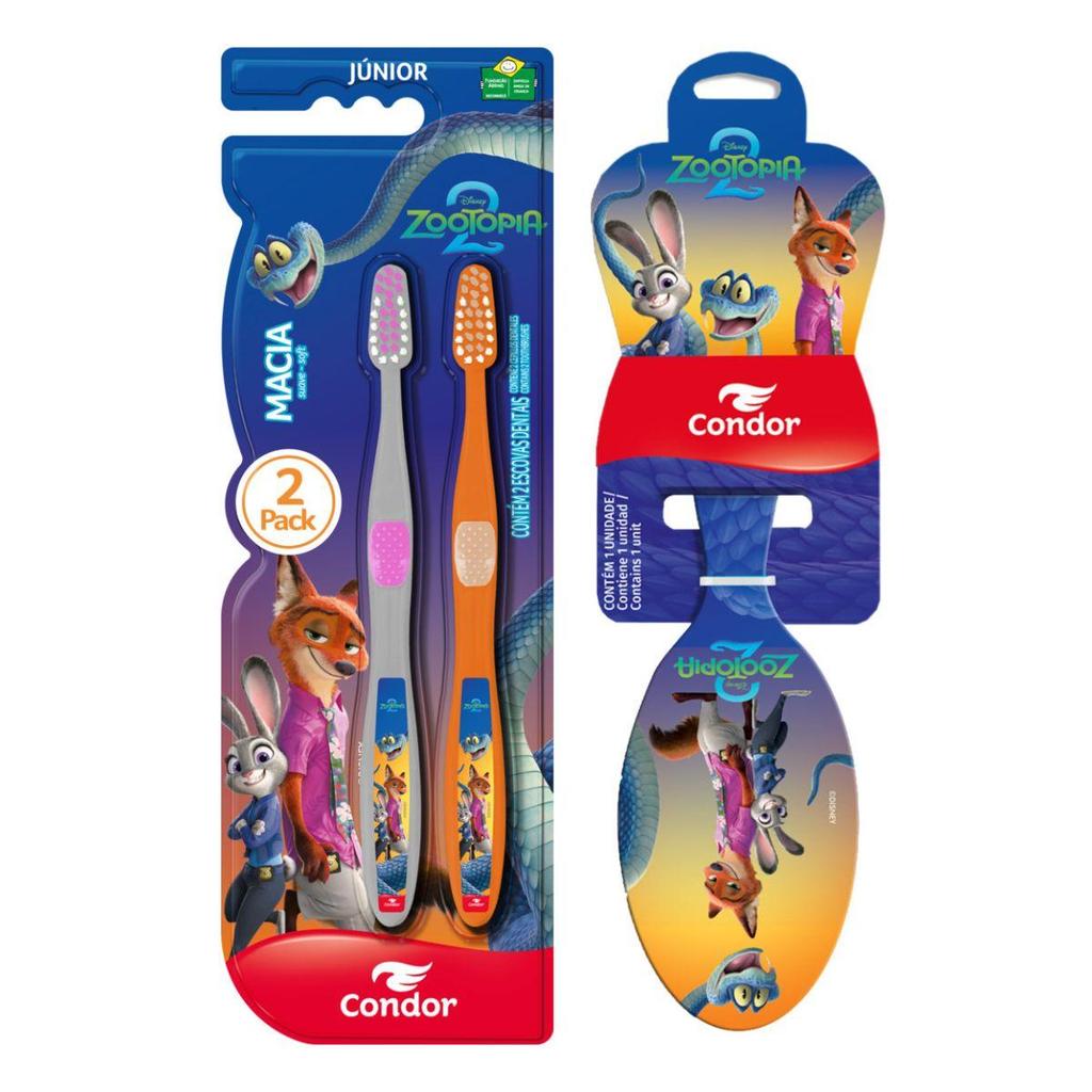 Condor - Kit Escova Oval Cabelo + Escova Dental Infantil -  Zootopia Higiene Bucal E Cuidado -  Kids