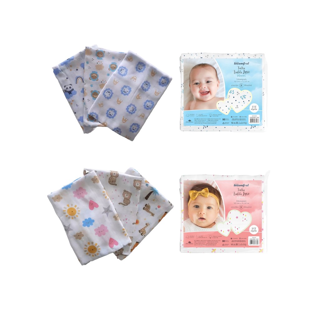 Toalha Fralda Bebê Kit c/3 unidades Luxo 100% Algodão - Incomfral