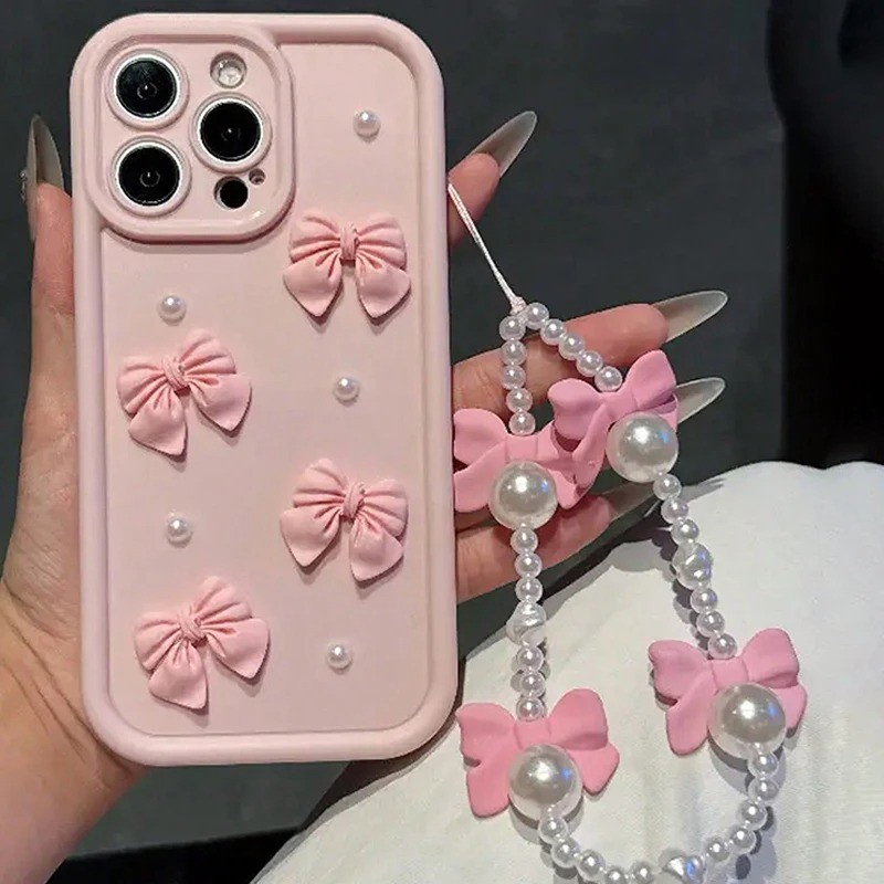 3D Elegante Bowknot Falso Pérola Corrente Caso De Telefone Para iPhone 17 16 15 Pro Max 14 13 12 11 16E XR XS 7 8 Plus C