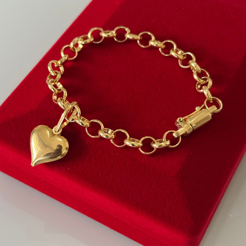 Pulseira Bracelete Feminina Com Berloque Coração No Elo Portugues