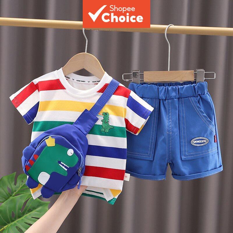 Conjunto De Roupas Fofas De Dinossauro De Verão Para Meninos E Meninas : Camiseta Elegante Com Gola Redonda , Shorts Bol