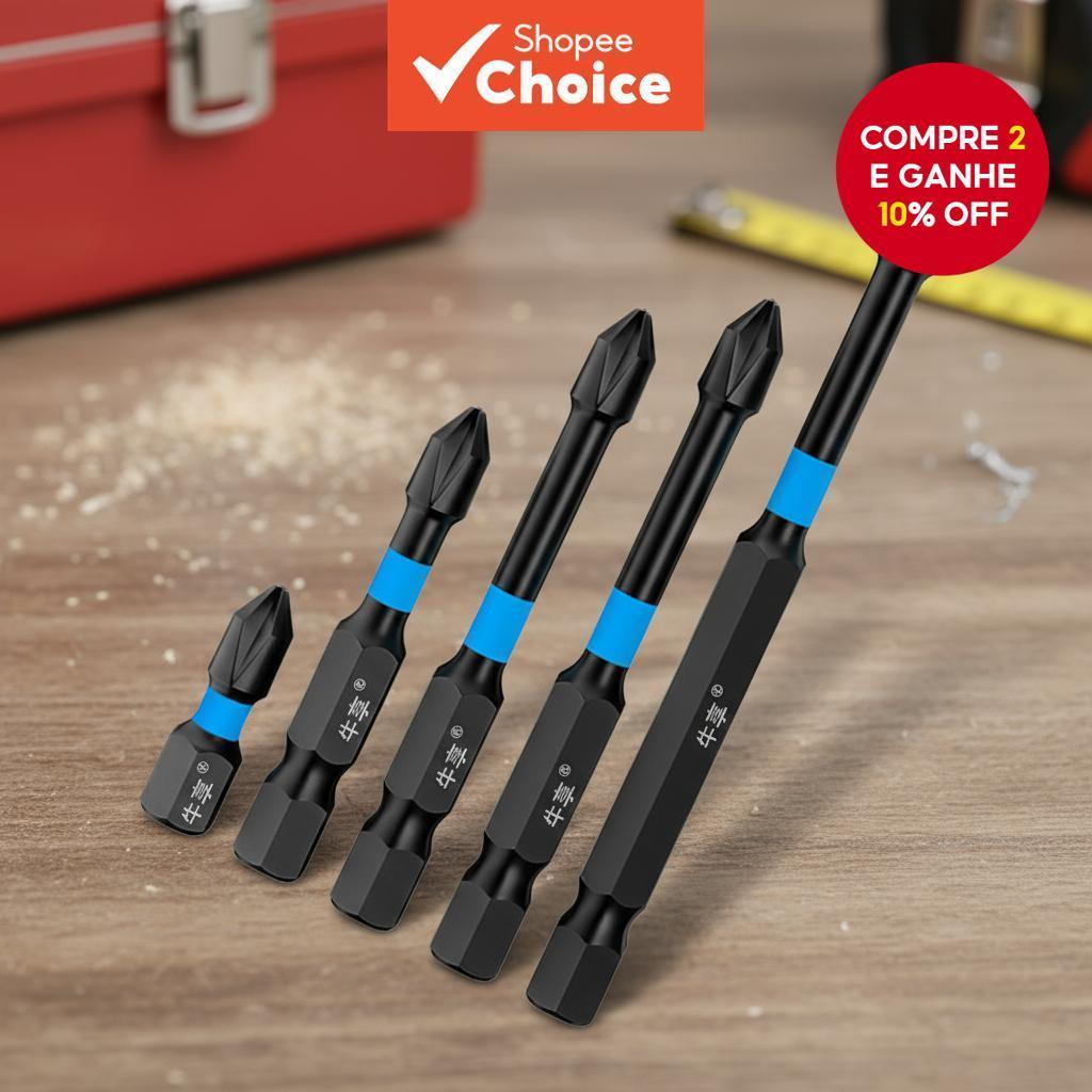  Conjunto de 5 Pontas de Chave de Fenda Magnética com Haste Hexagonal em Aço S2 para Uso em Furadeira