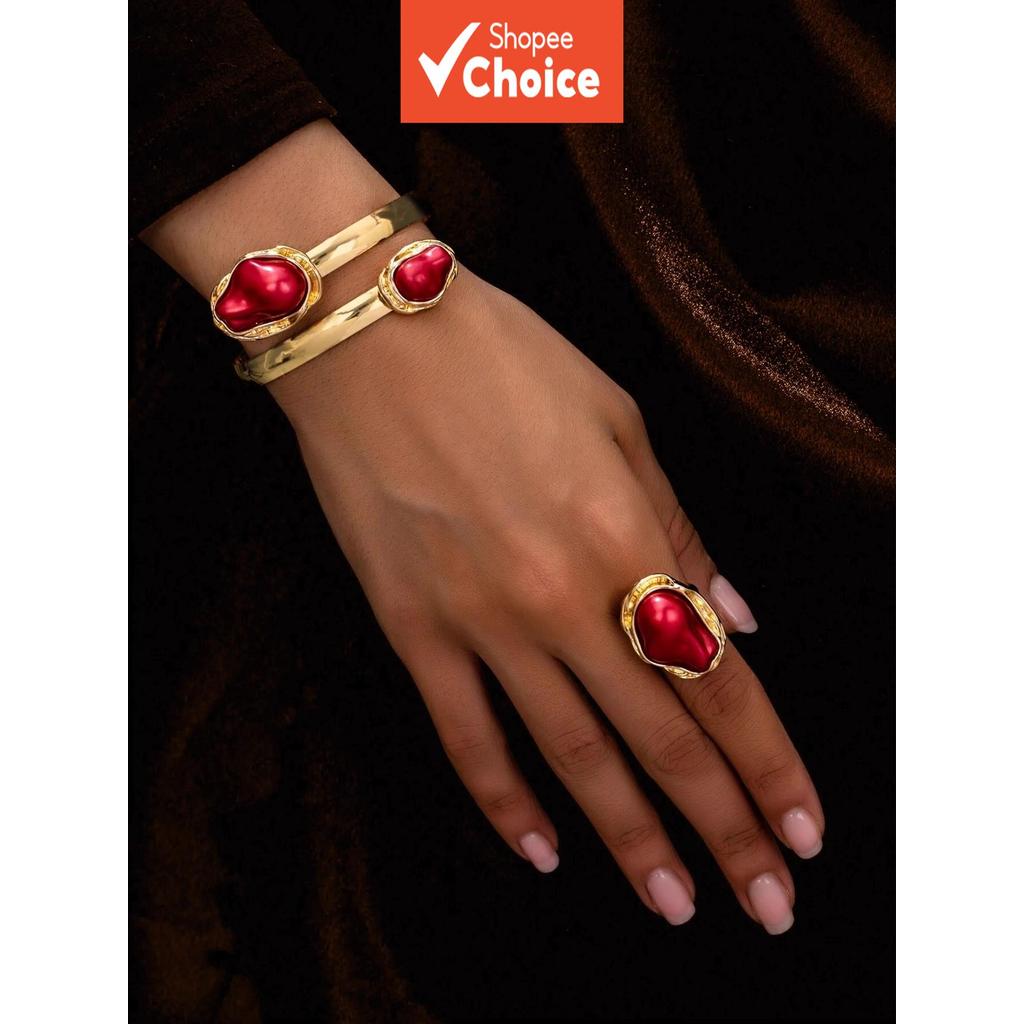 Vintage Vermelho Irregular Pérola Pulseira Anel Conjunto Feminino Negrito Moda