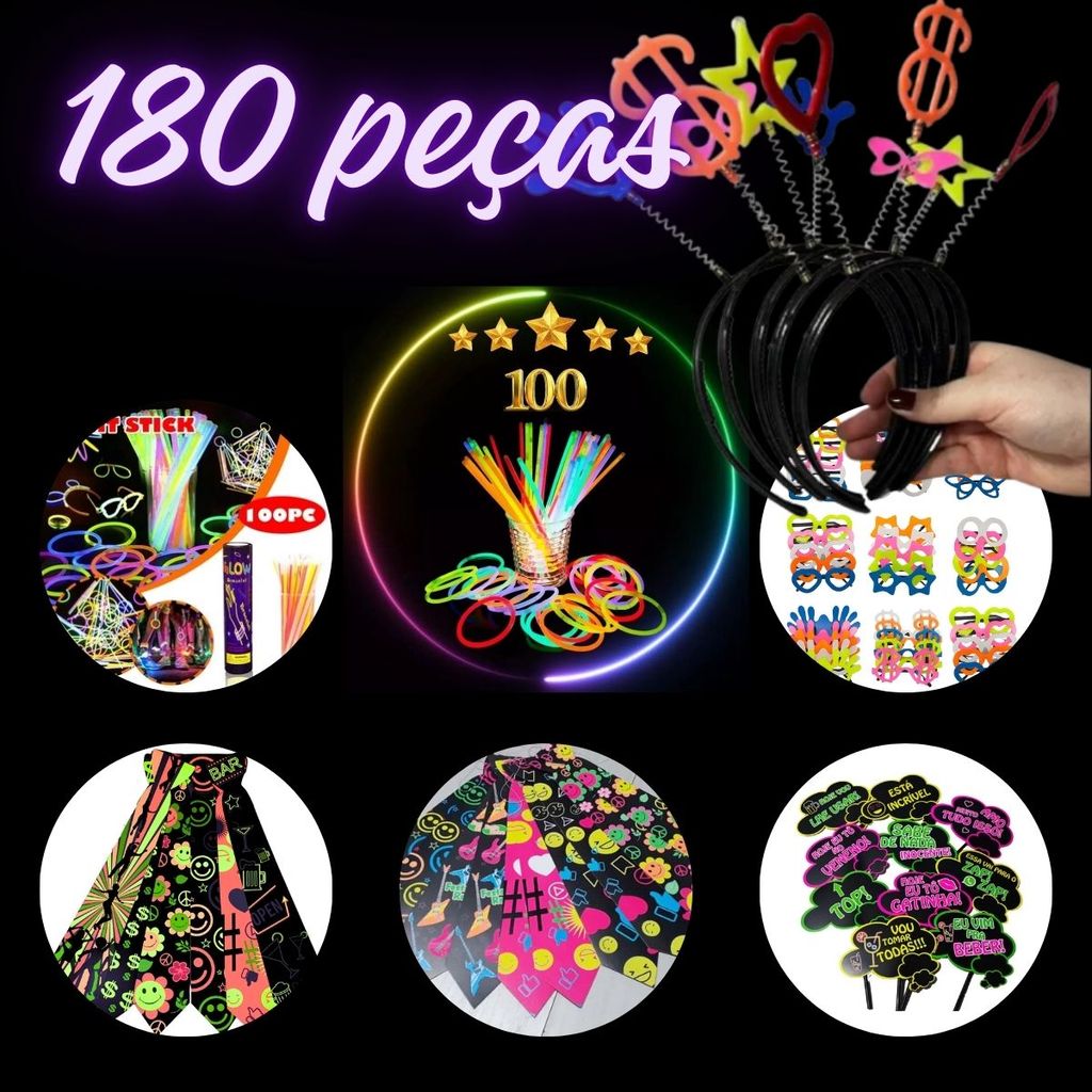 kit balada festa 180 pçs óculos, tiara pulseira neon Acessórios Coloridos Formaturas Presentes