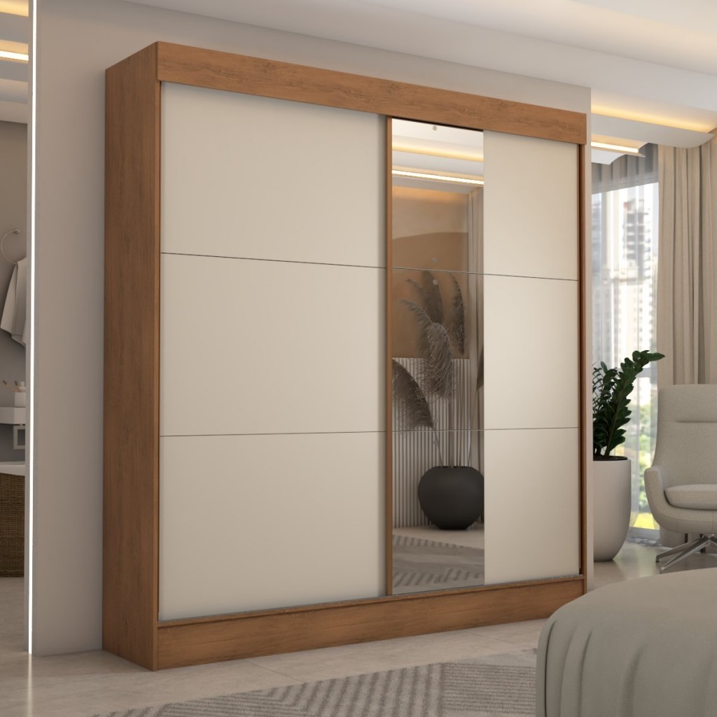 Guarda-Roupa Casal Portugal 2 Portas de Correr com Espelho 3 Gavetas Cinamomo/Off White - Panorama Móveis em Oferta na Shopee