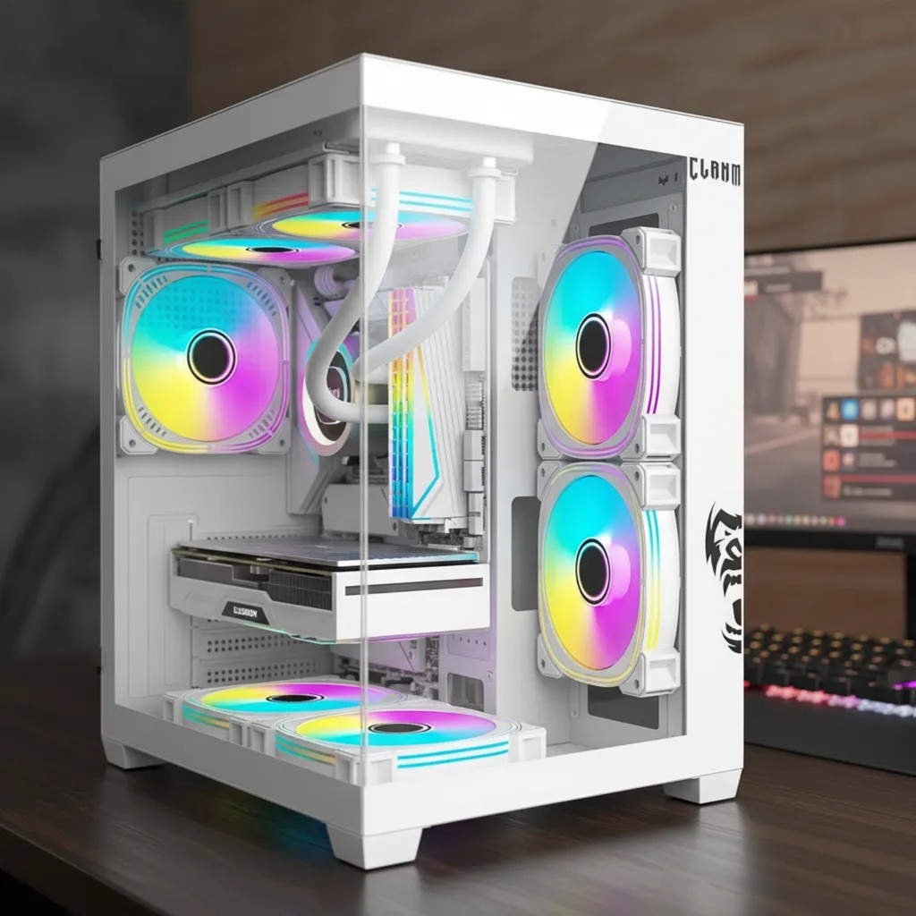 Gabinete Gamer Aquário Com 5 Fans RGB Clanm Grodd Snow Micro-ATX/ITX Vidro Temperado Branco