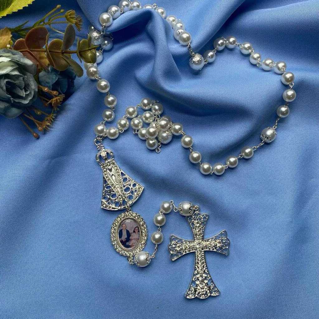 Terço de Noiva Prata Pérola 10mm Personalizado com Foto
