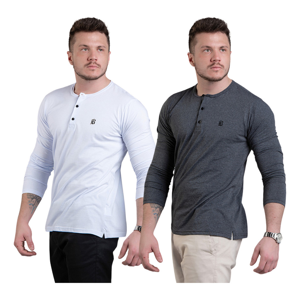 Kit 2 Camisetas Henley Botão Manga Longa Algodão Confort Top