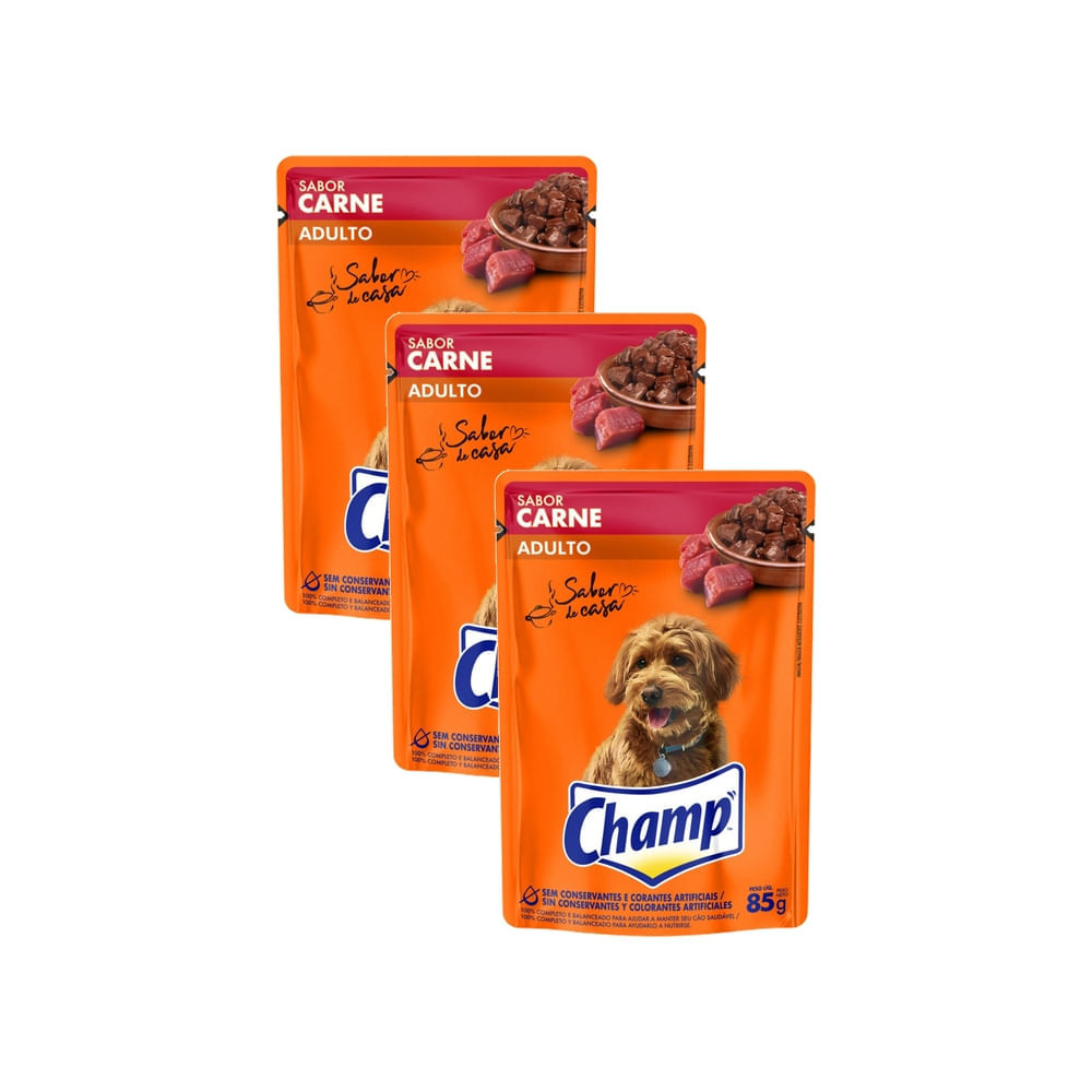 Kit 3 Ração Úmida Champ Adulto sabor Carne Sachê 85g em Oferta na Shopee