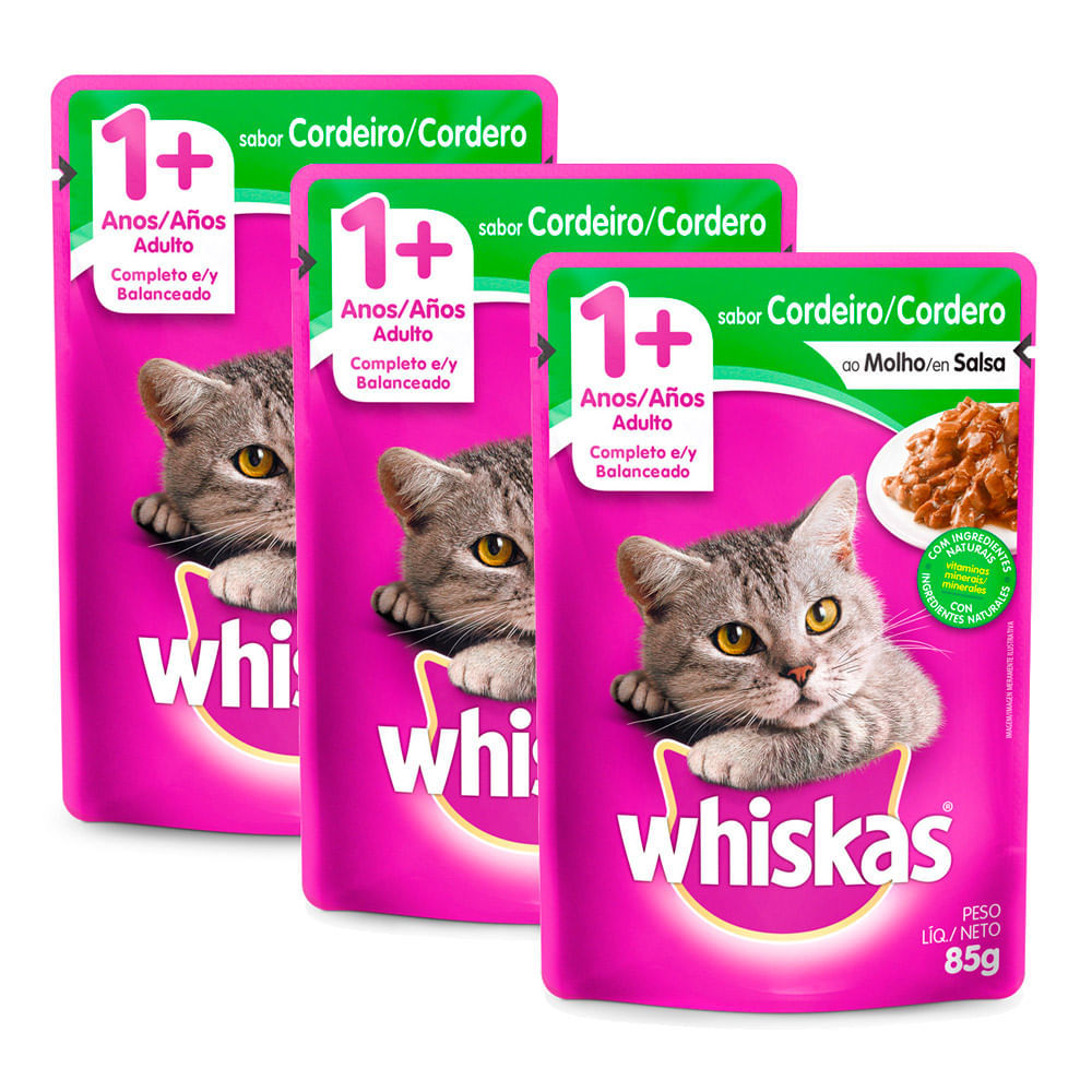Kit 3 Ração Úmida para Gatos Whiskas Adulto 1+ Anos Sabor Cordeiro ao Molho em Sachê 85g em Oferta na Shopee