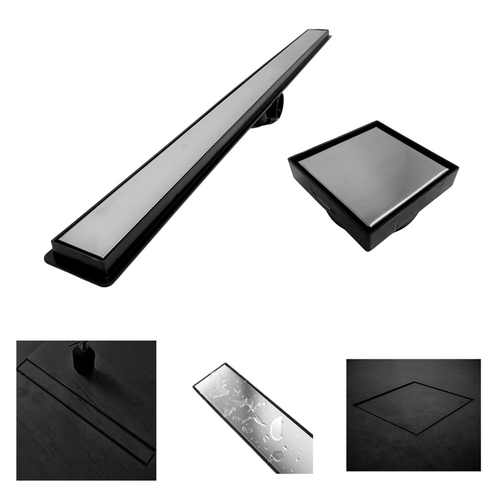 Kit Seca Box Linear 5x90 + Ralo 10x10 Inox 2 em 1 Invisível Oculto Base Preto Banheiro ,