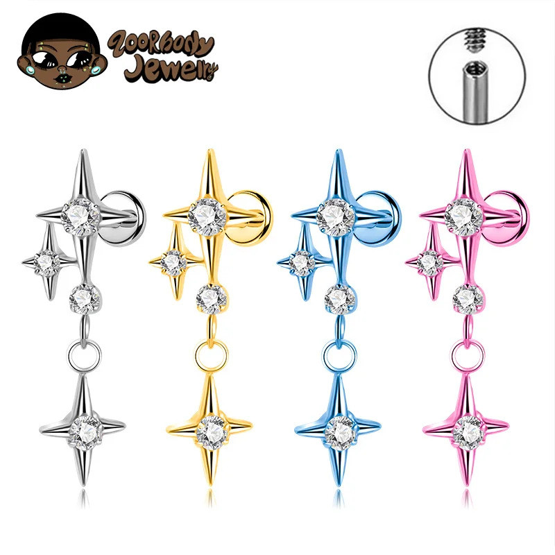 Piercing Pingente de Estrela 100% Titânio Labret Tragus Helix Cartilagem Conch
