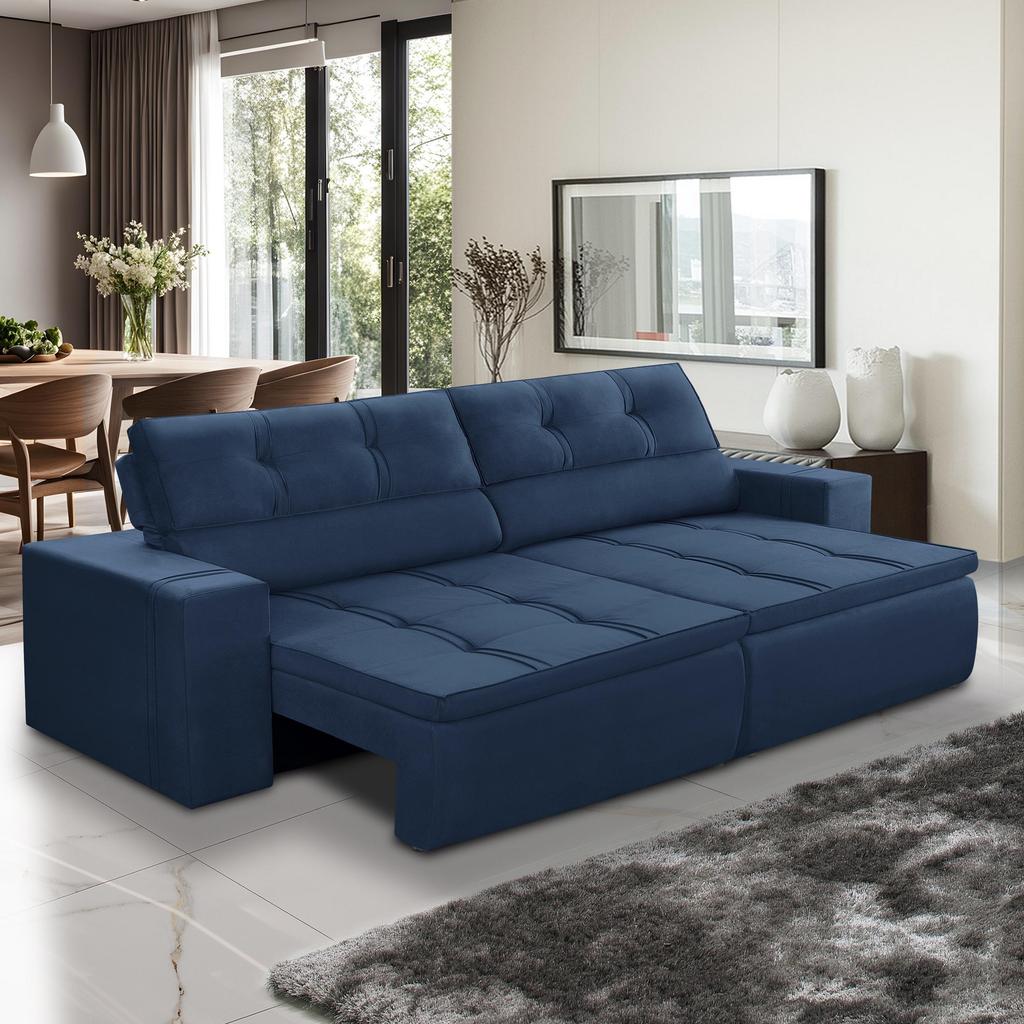 Sofá Retrátil e Reclinável 3 lugares 2,10m com Molas Stella Suede Azul Adonai Estofados em Oferta na Shopee