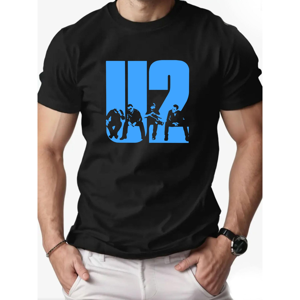 Camiseta Unissex Oversized Plus Size Feminina Masculina U2 Letras Azuis Estampada Cinza Escuro  Estilosa Moderna