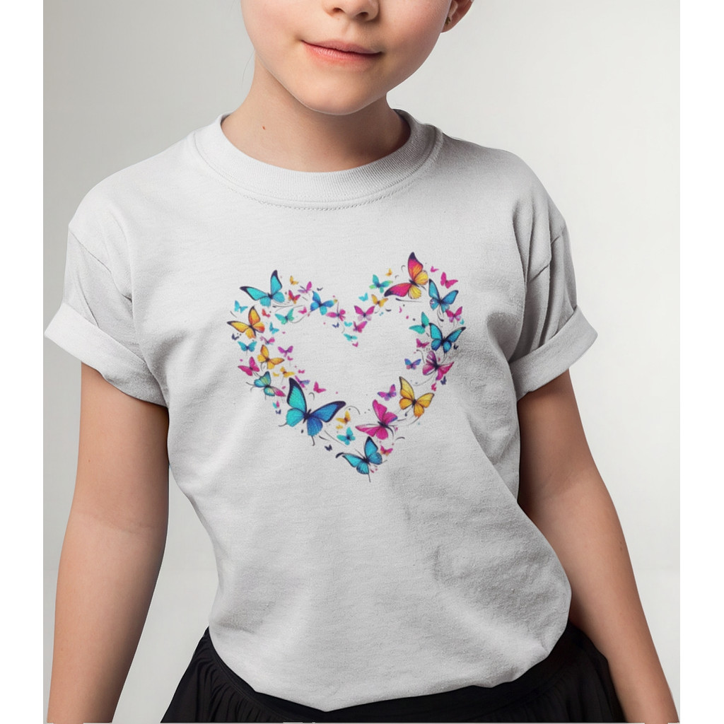 Camiseta Infantil Menina Feminina Estilosa Estampada Coração Borboletas Colorido Boho Fofa Algodão