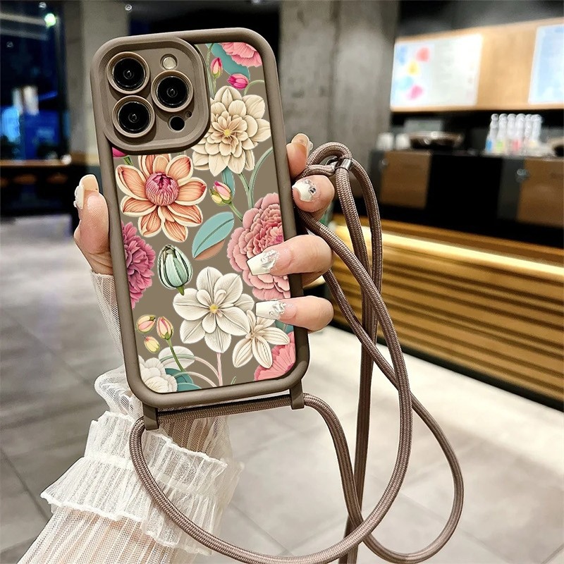 Flores Frescas , Lindas E Portáteis Capa De Telefone Com Cordão Lente Protetora À Prova De Choque Para 17/11/12/13/14/15