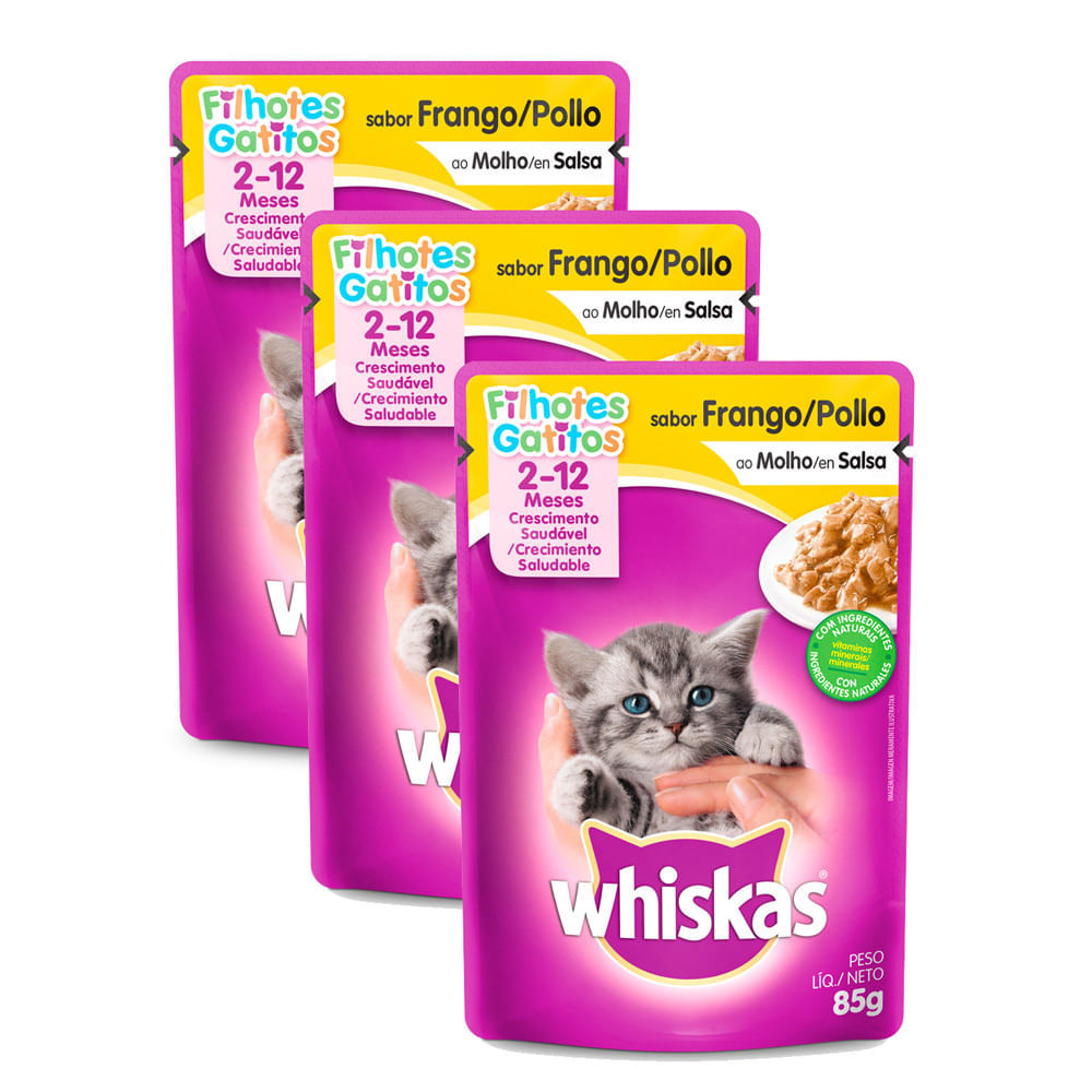Kit 3 Ração para Gatos Whiskas Filhotes 2 a 12 Meses Sabor Frango ao Molho Sachê 85g em Oferta na Shopee
