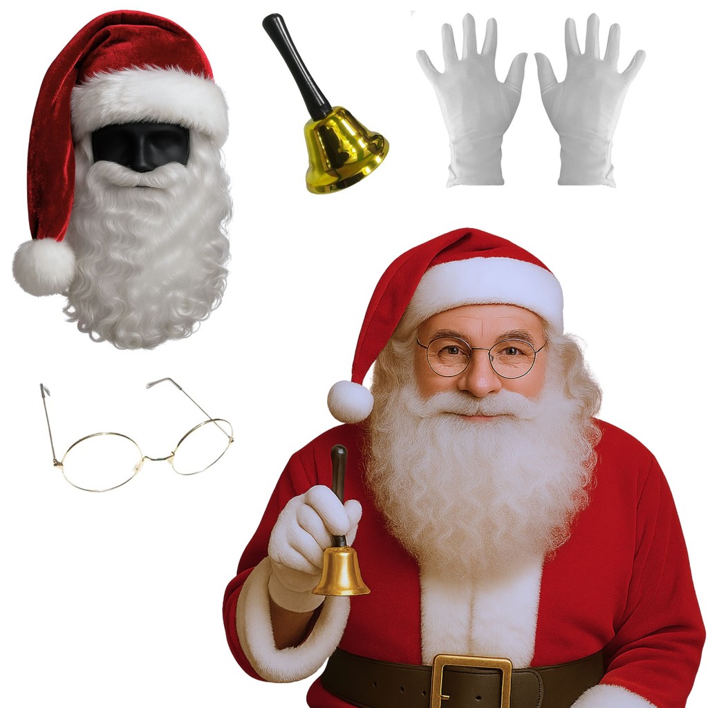 Kit Fantasia Papai Noel Completa Peruca Barba Longa Branca Óculos Dourado Sino Metal Luva Gorro Luxo