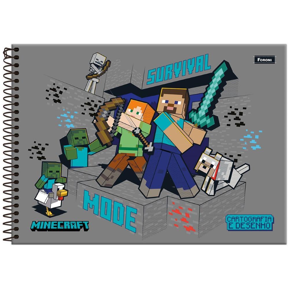 Caderno Cartografia e Desenho Grande 20x27,5cm Espiral 80 Folhas Minecraft Survival Foroni em Oferta na Shopee