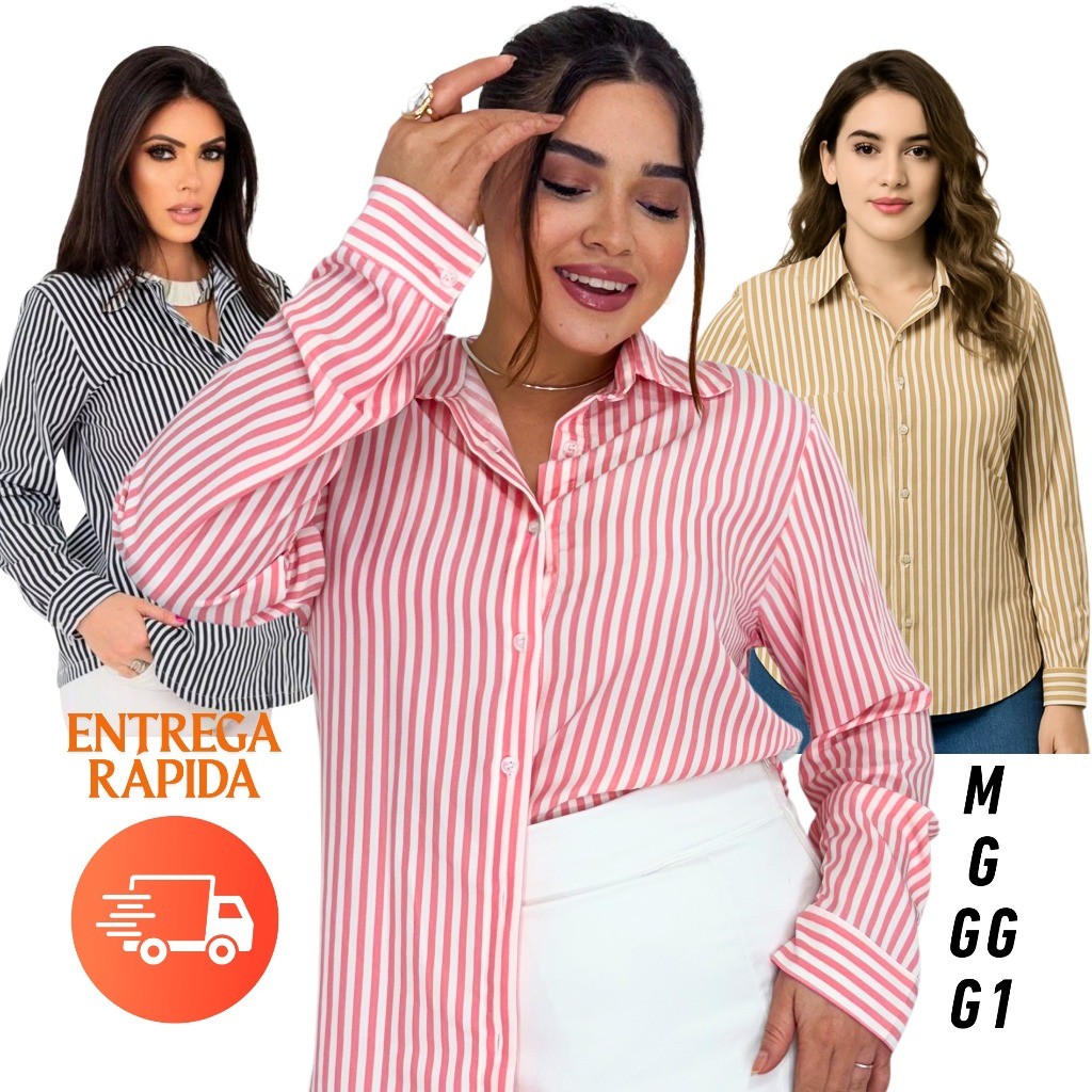 Camisa Listrada Feminina Manga Longa com Punho – Moda Elegante e Confortável