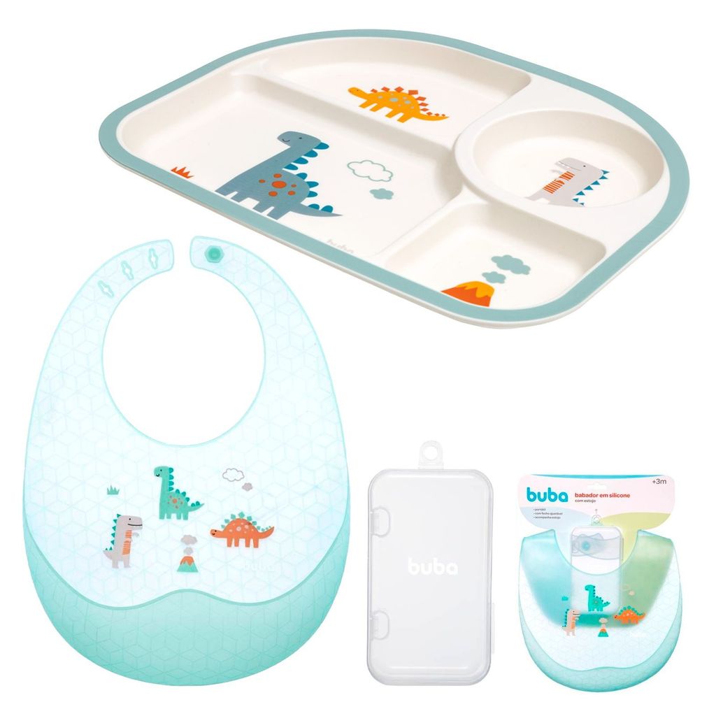 Kit Prato 3 Divisórias Infantil + Babador Buba Estojo