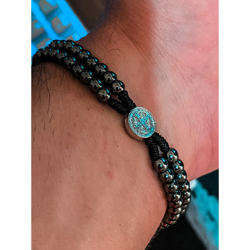 2 Terços de Pulso Pulseiras Medalha de São Bento Hematita - Proteção Divina