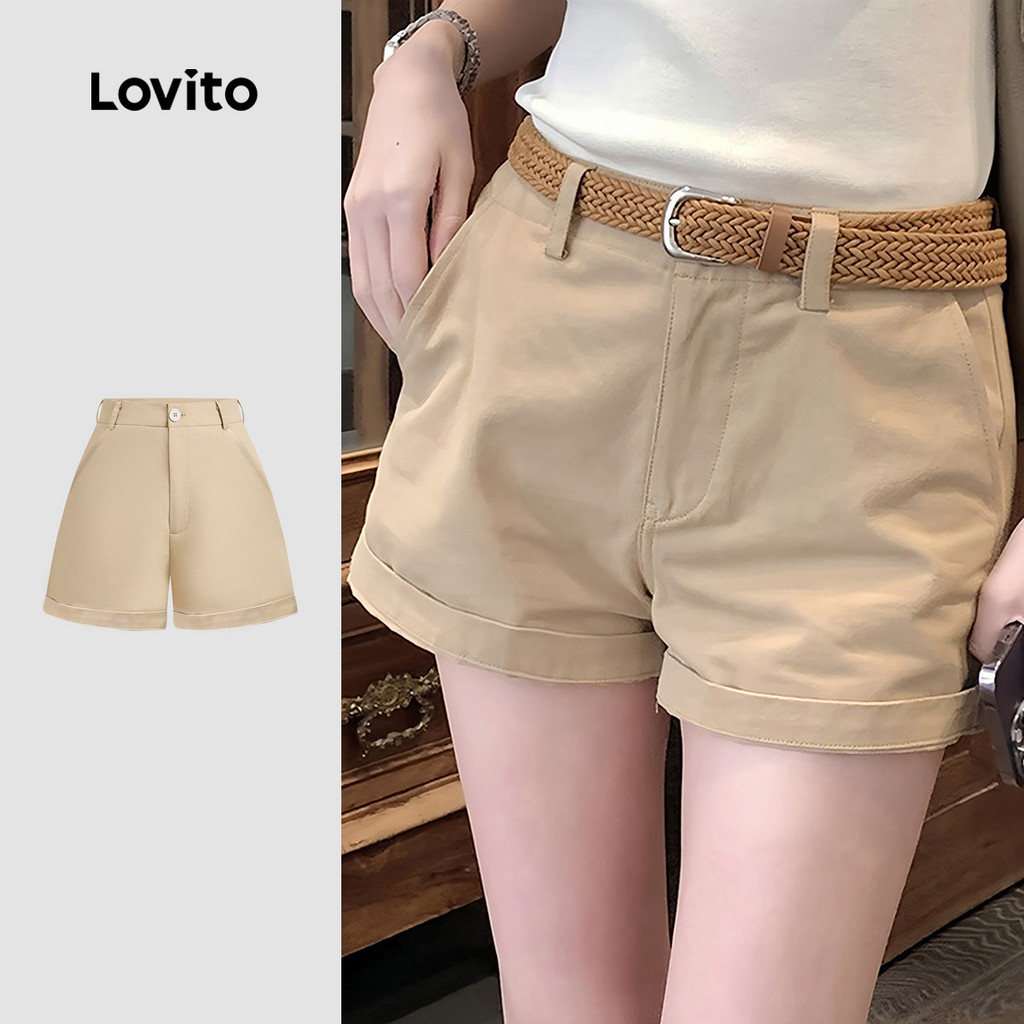 Lovito Shorts Casuais com Bolso Primavera/verão Caqui para Mulheres L143ED338