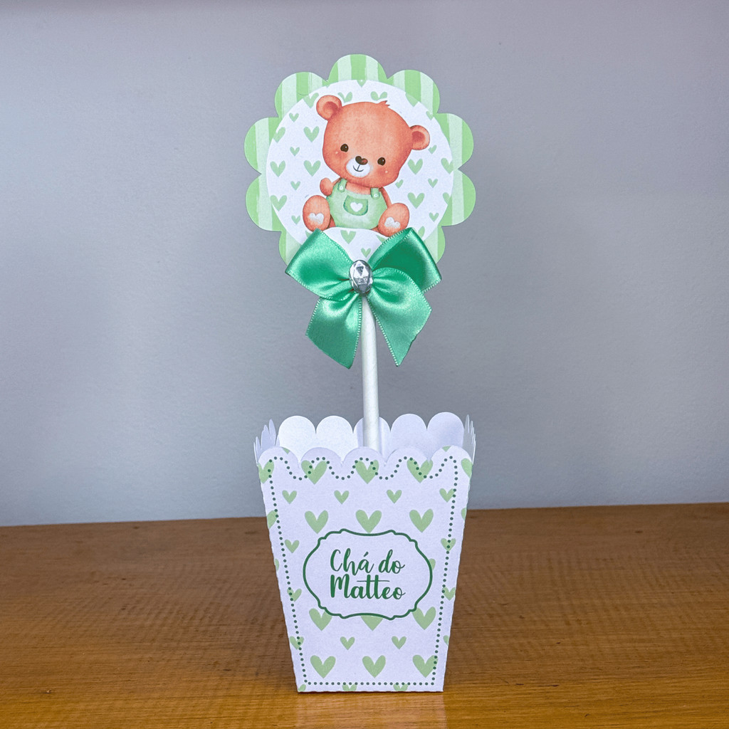 Centro de Mesa Cachepô Chá de Bebê Ursinho com balão Verde  - DIY Pegue e Monte | Lembrancinhas Personalizadas