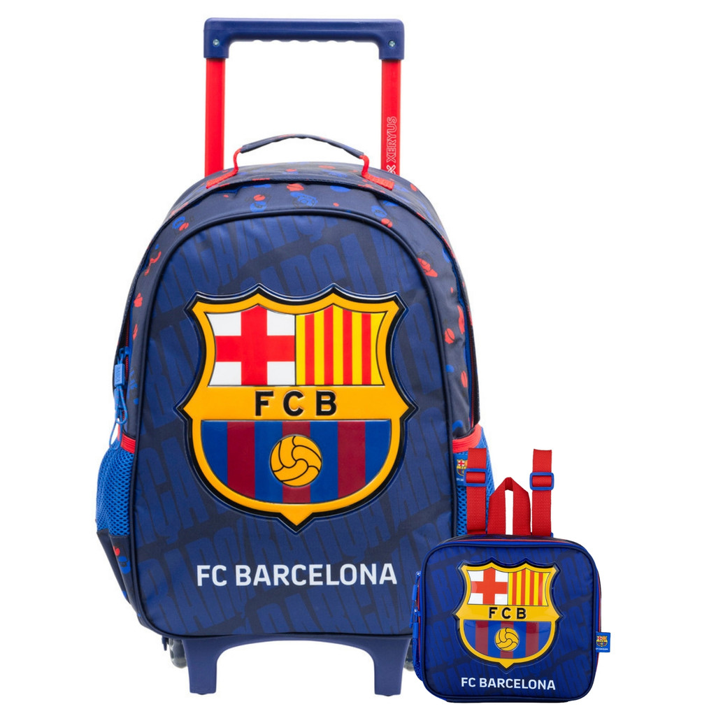 Kit Conjunto Escolar Infantil Menino Futebol Time Barcelona Mochila Costas Rodas + Lancheira Térmica