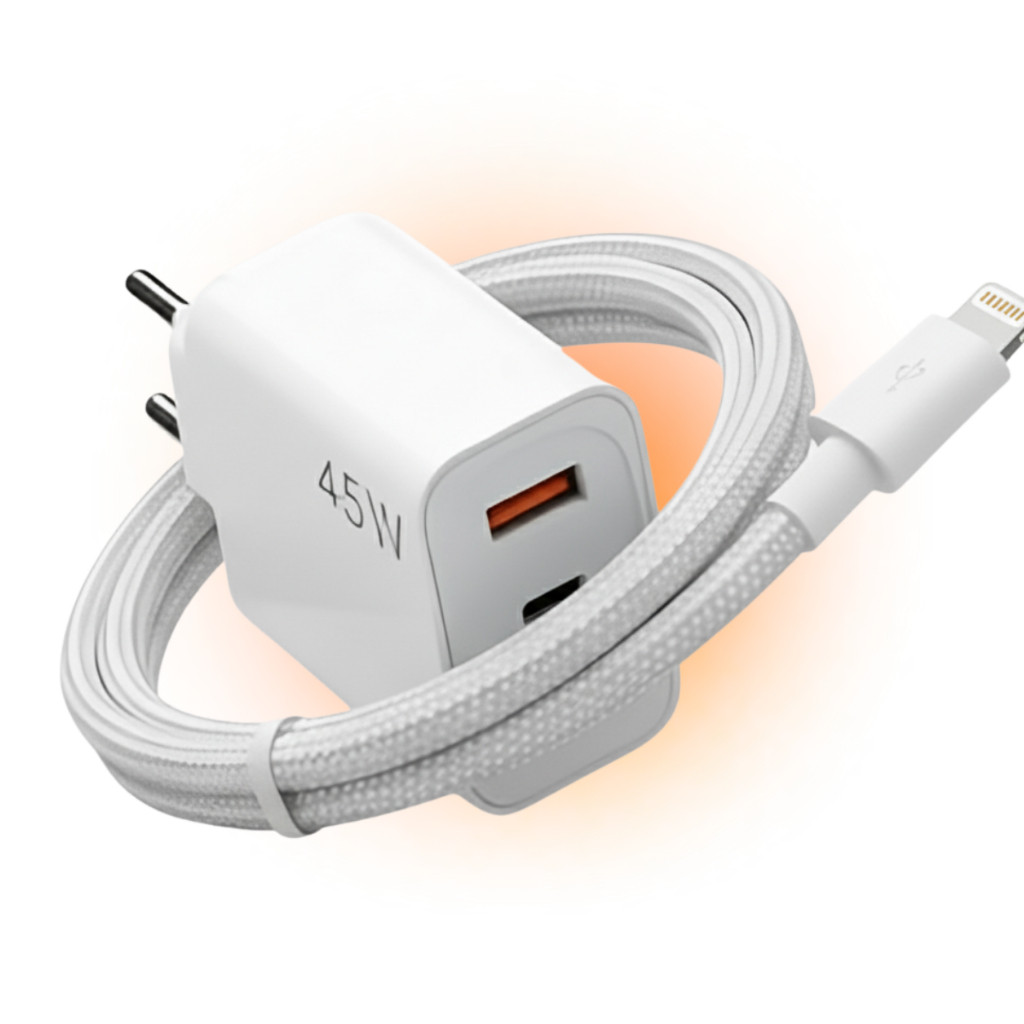 Carregador Turbo Para Iphone Apple Lightning 45W Com Cabo Carregamento Duplo Rapido V8 PD QC