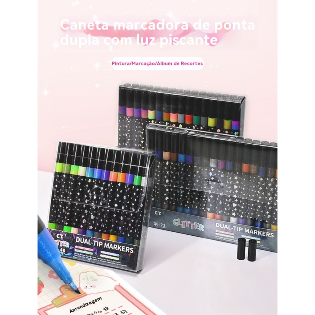 Marcador metálico de glitter de cabeça dupla marcador de cabeça dupla brilhante 12/24/36/48 peças bosco em Oferta na Shopee